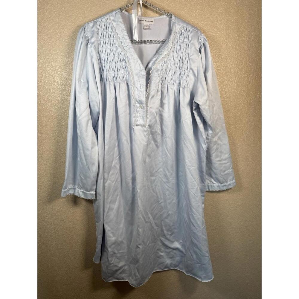 Miss Elaine Satin Nightgown Long Sleeve Blue Size‎ Large Comfort Cozy Cottage